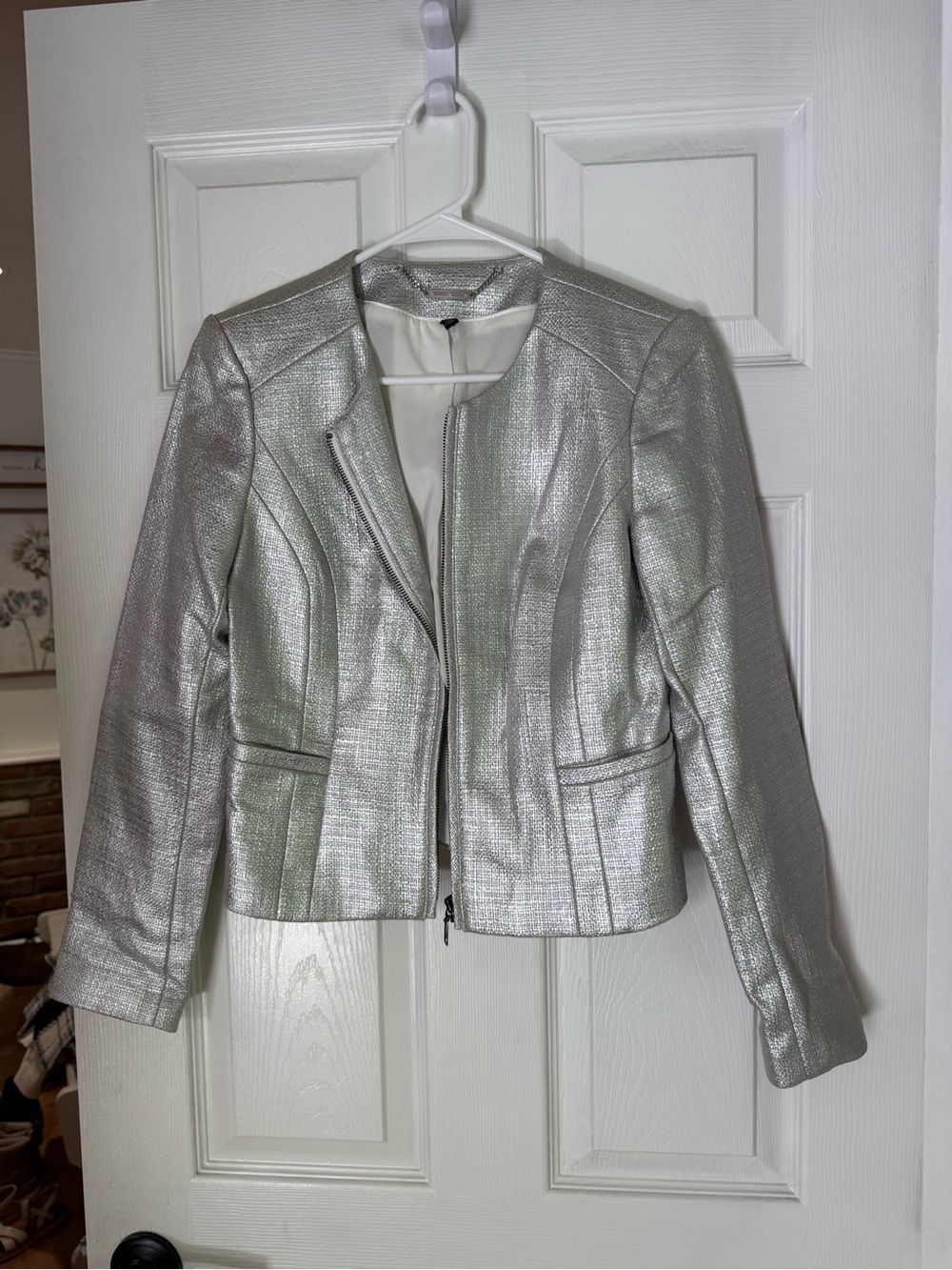 Women's Metallic Silver Zip-Front Blazer Jacket